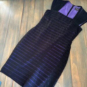 Adrianna Papell Black Dress Cap Sleeve Purple Mesh Stripe Bandage Size 12 (K9)